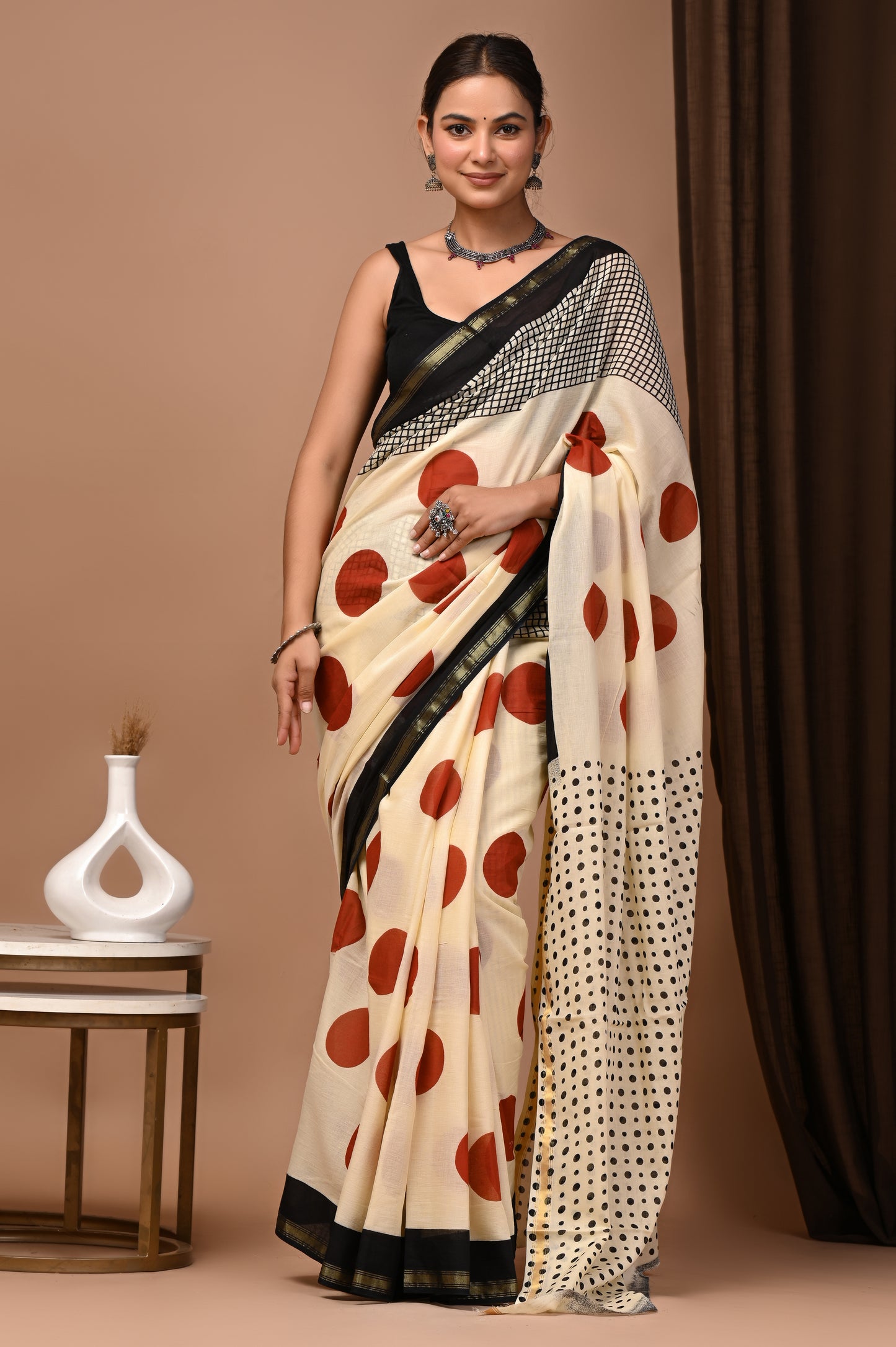 GOLD - Ivory Surkh Bindi - Cotton Saree with Zari Borders