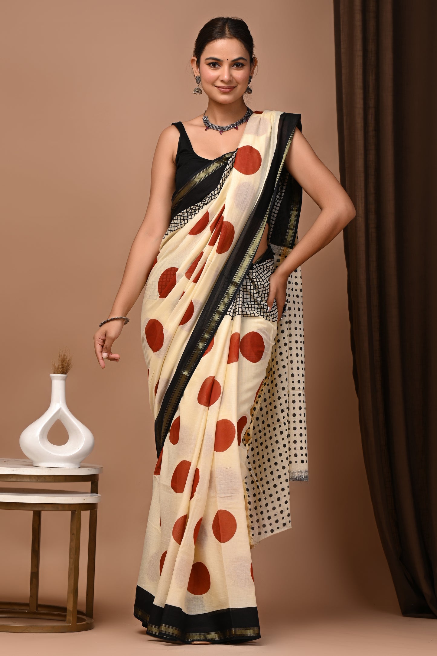GOLD - Ivory Surkh Bindi - Cotton Saree with Zari Borders