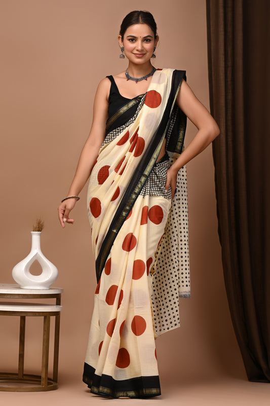 GOLD - Ivory Surkh Bindi - Cotton Saree with Zari Borders
