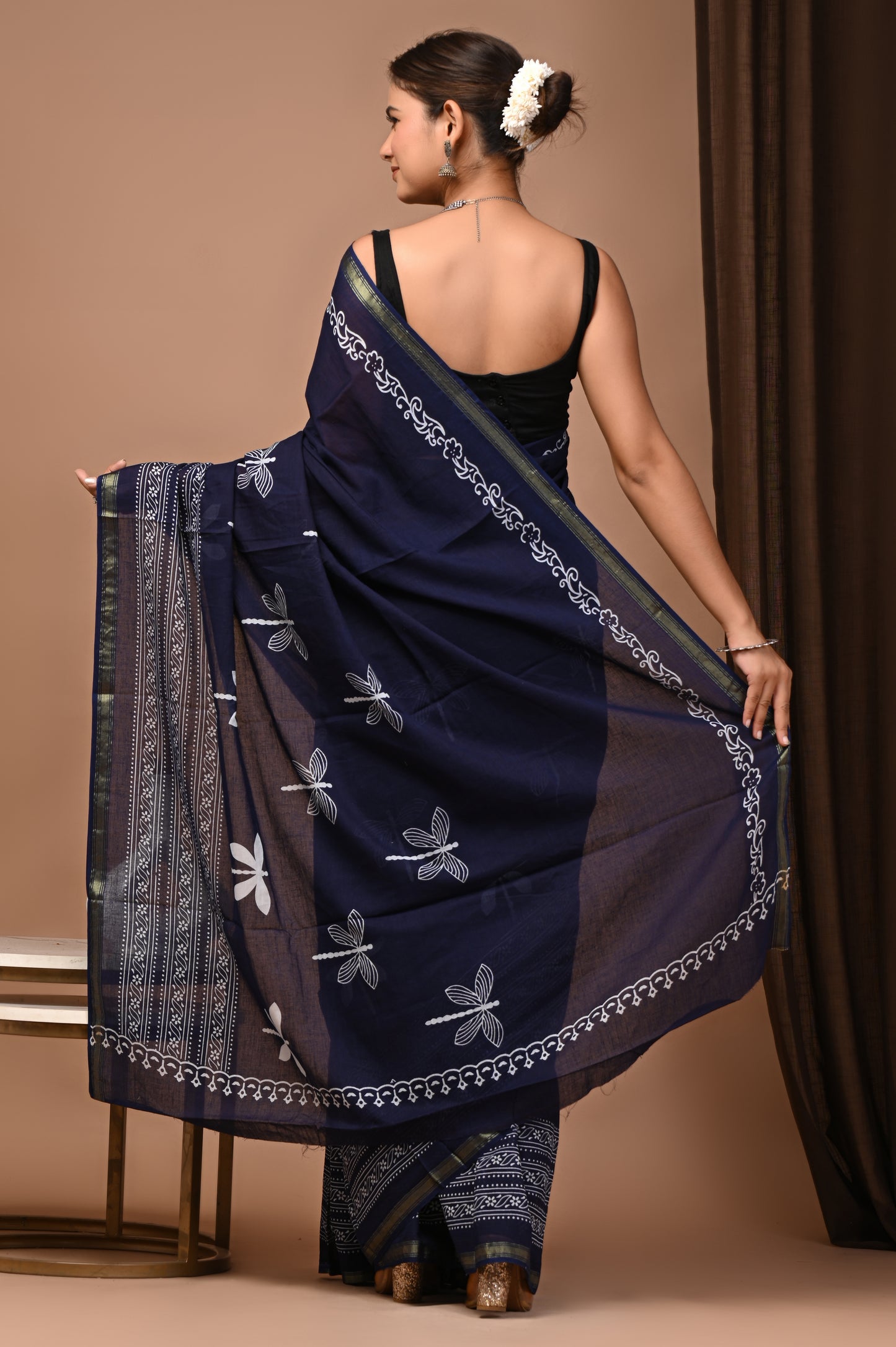 GOLD - Navy Dragonfly Booti - Cotton Saree with Zari Borders