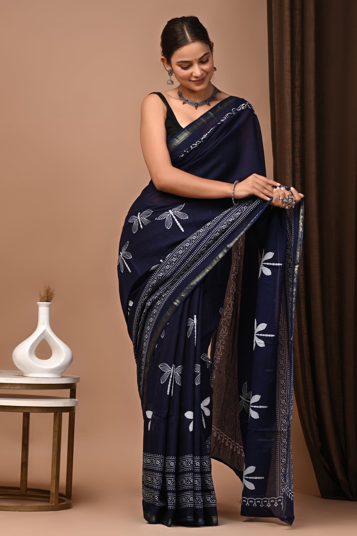 GOLD - Navy Dragonfly Booti - Cotton Saree with Zari Borders