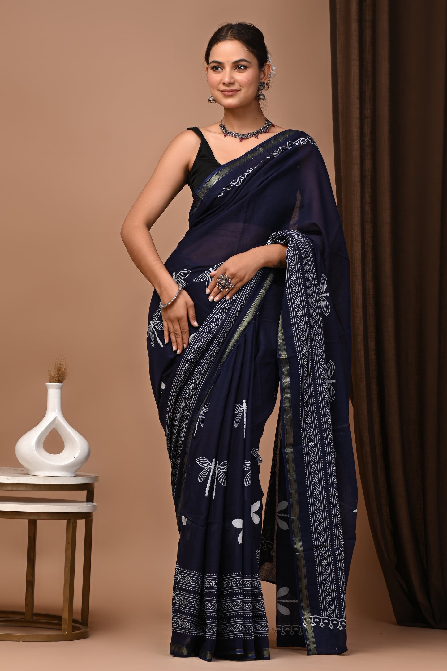 GOLD - Navy Dragonfly Booti - Cotton Saree with Zari Borders