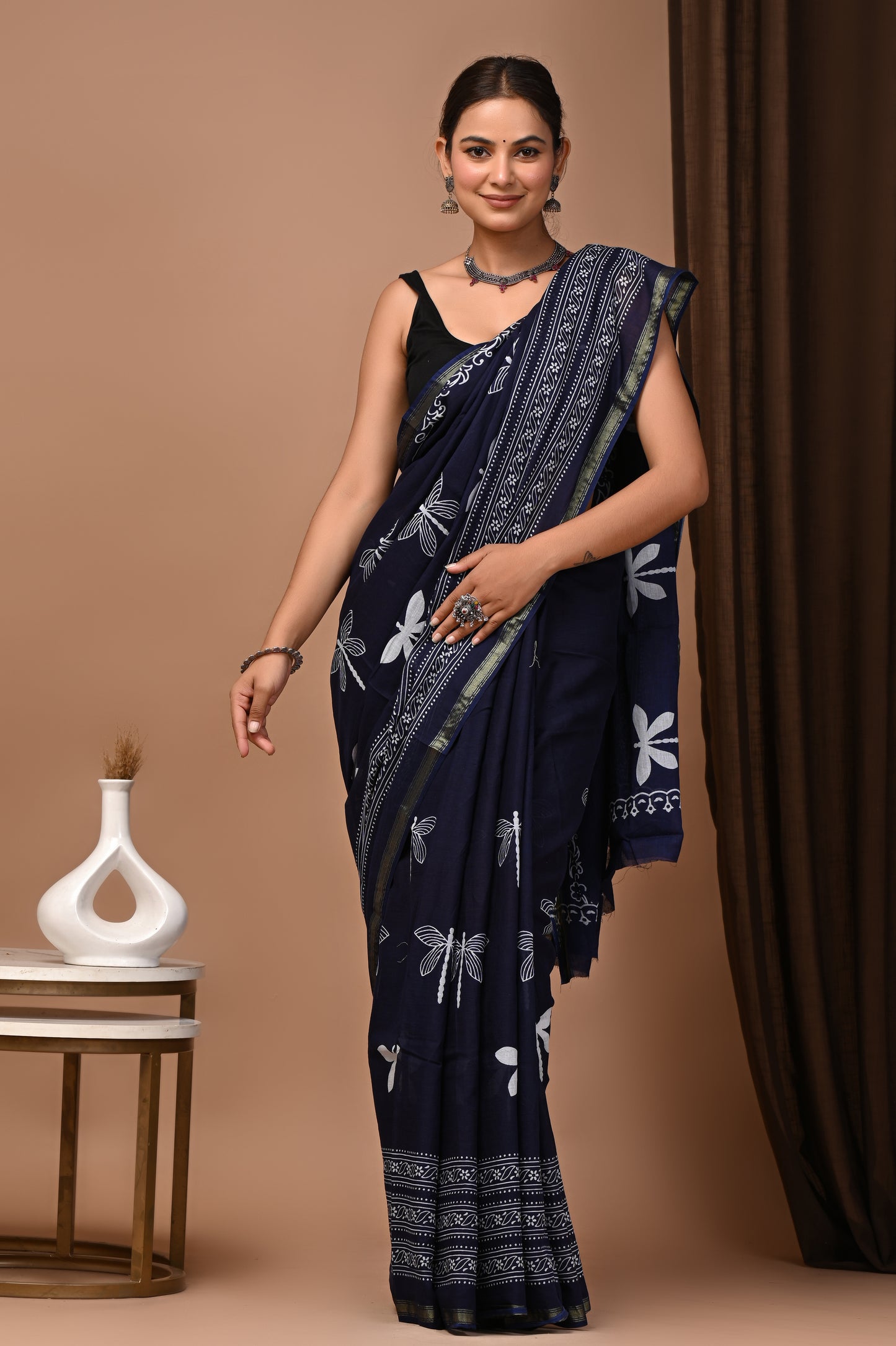 GOLD - Navy Dragonfly Booti - Cotton Saree with Zari Borders