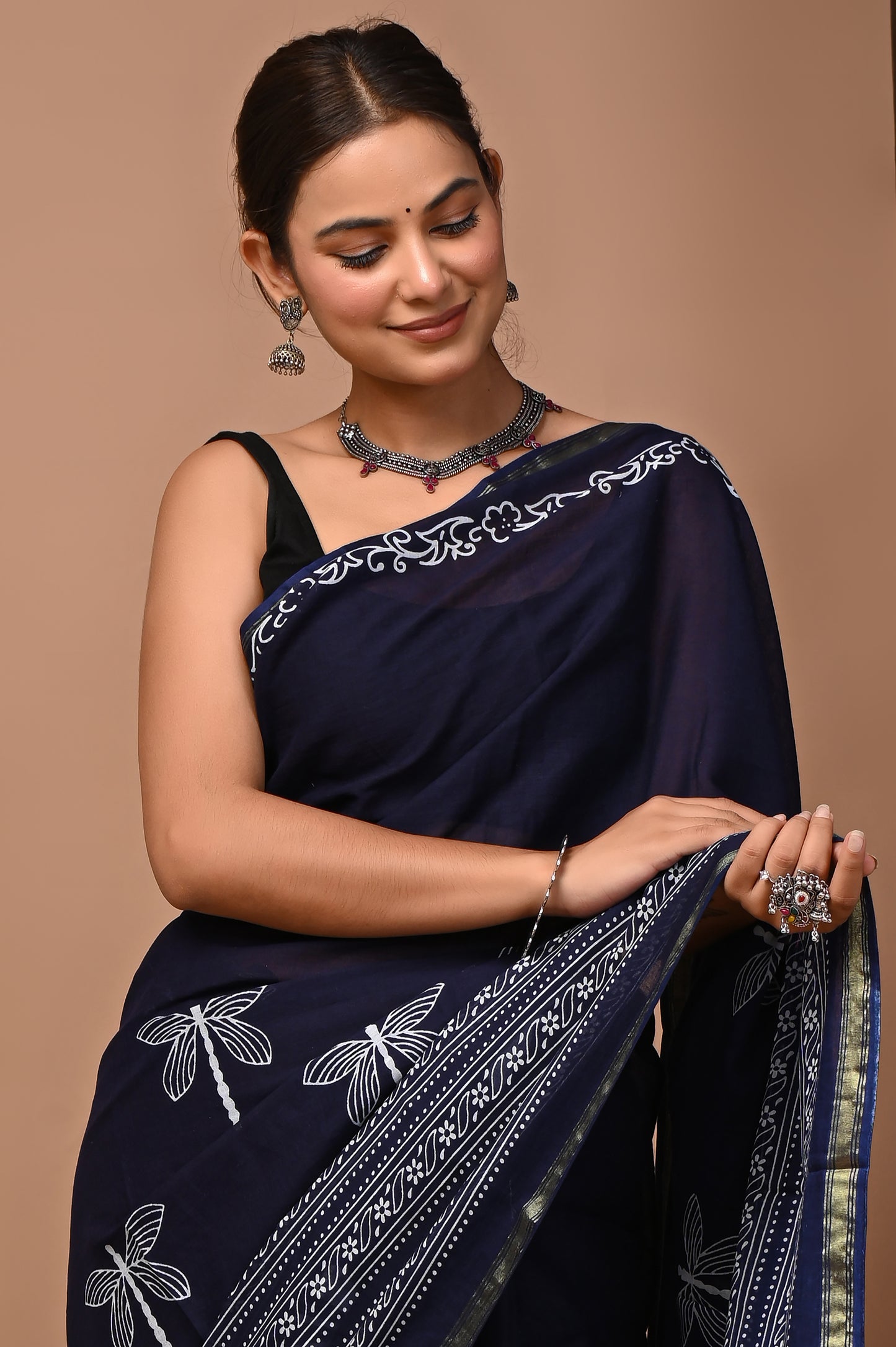 GOLD - Navy Dragonfly Booti - Cotton Saree with Zari Borders