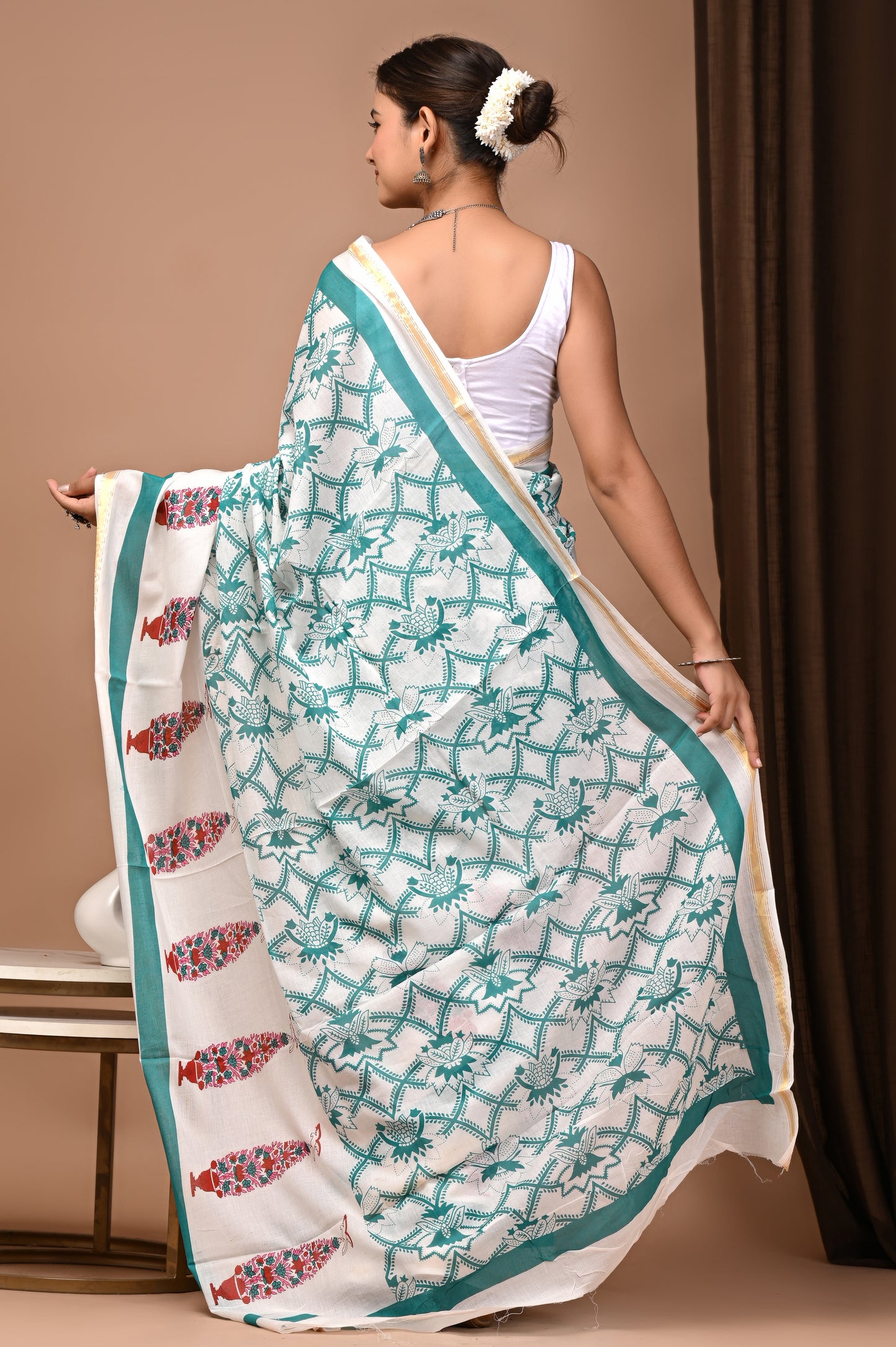 GOLD - Shwet Gopi Buti - Cotton Saree with Zari Borders