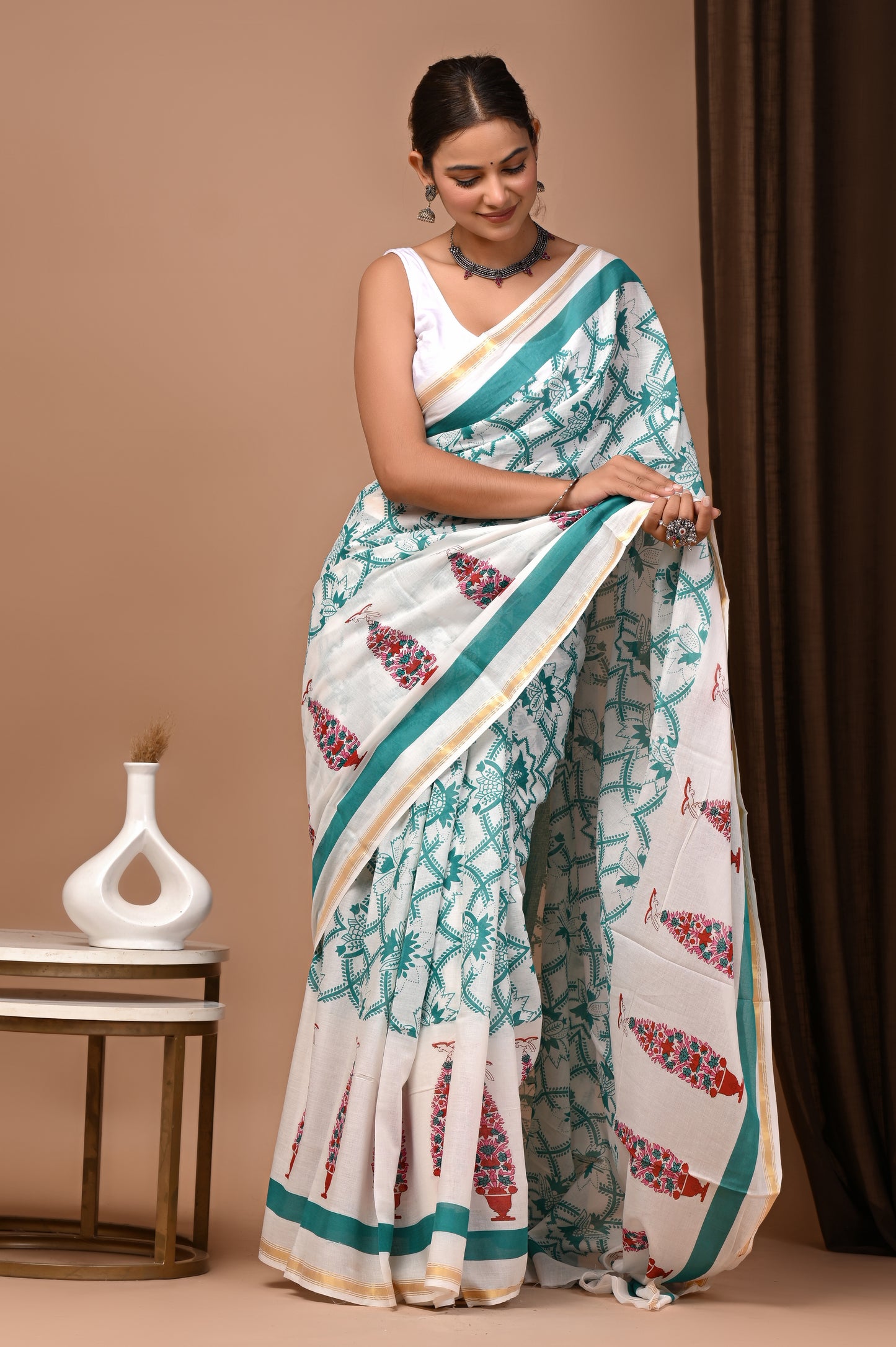GOLD - Shwet Gopi Buti - Cotton Saree with Zari Borders