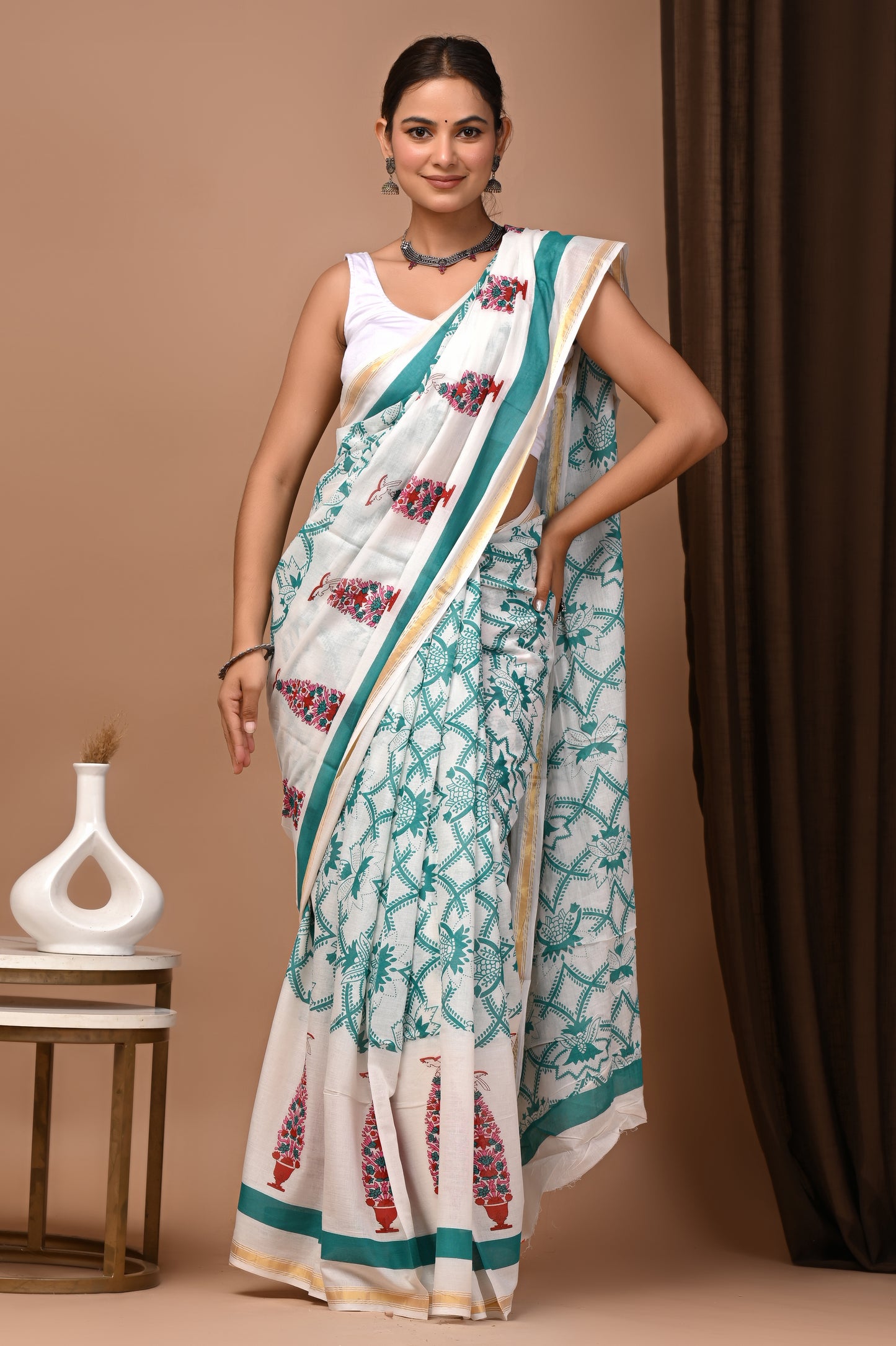 GOLD - Shwet Gopi Buti - Cotton Saree with Zari Borders