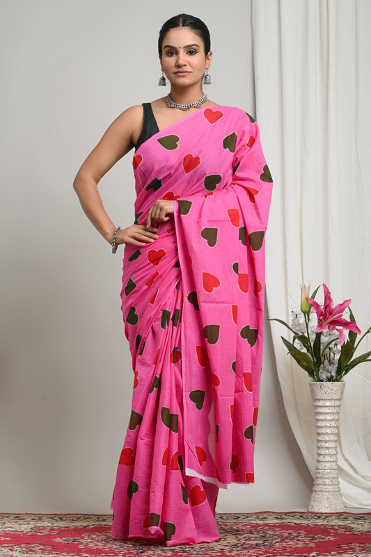 Hearts Printed Cotton Mul Saree