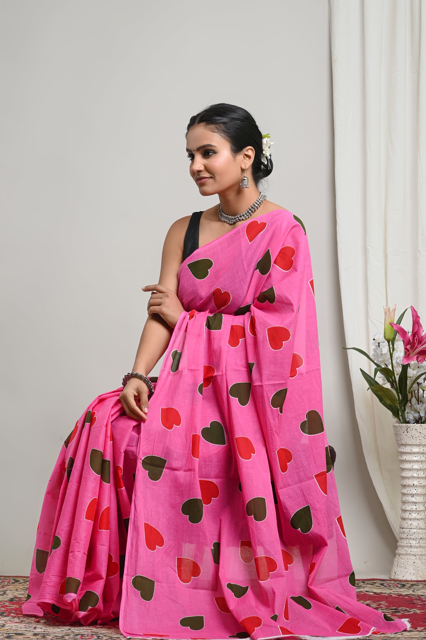 Hearts Printed Cotton Mul Saree