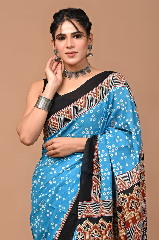 Bandhaniya Cotton Mul Printed Saree