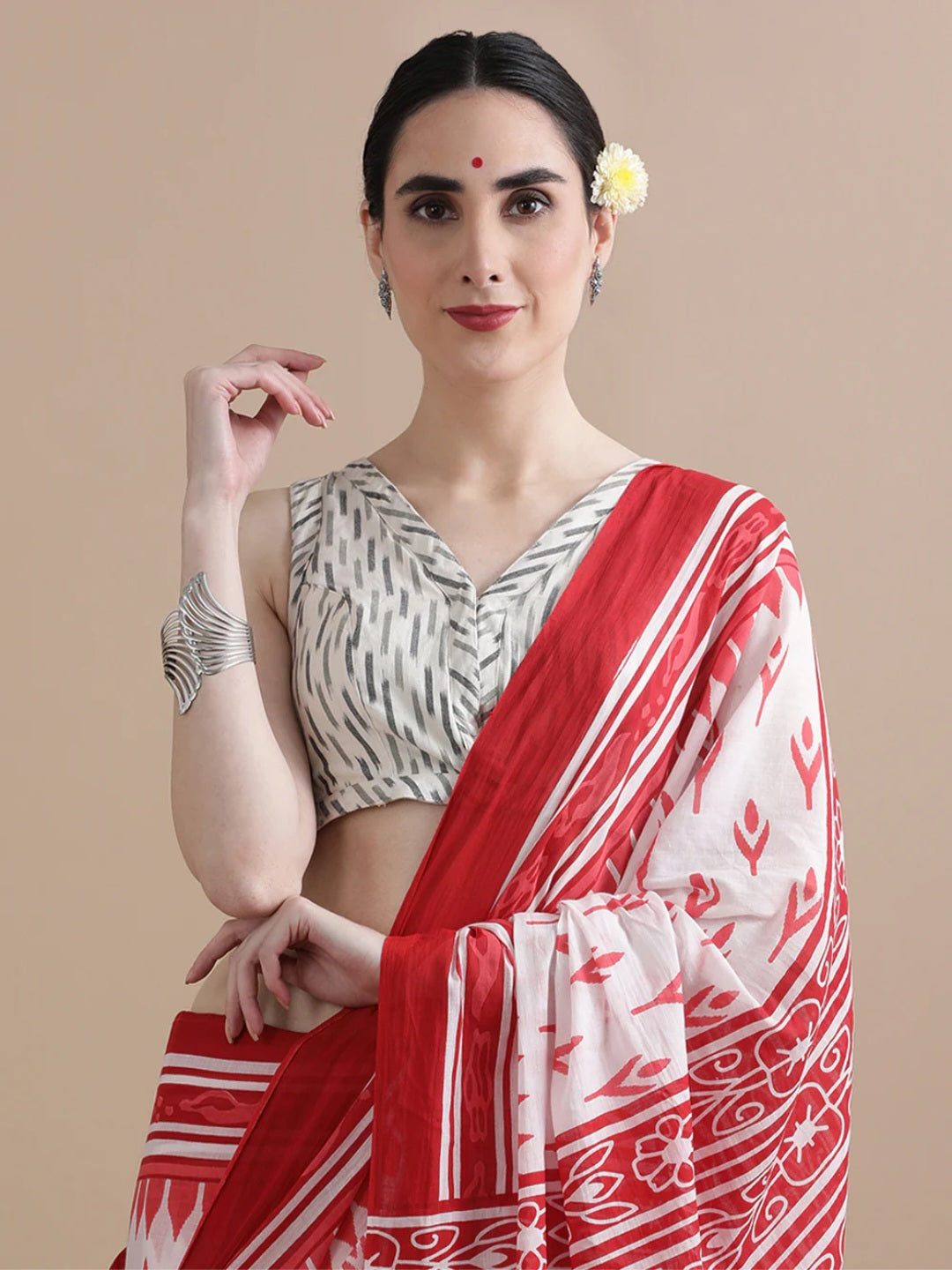 Ikkat Inspired Handprinted Cotton Mulmul Saree