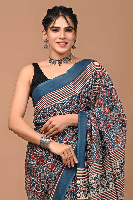 Ajrakhi Cotton Mul Printed Saree